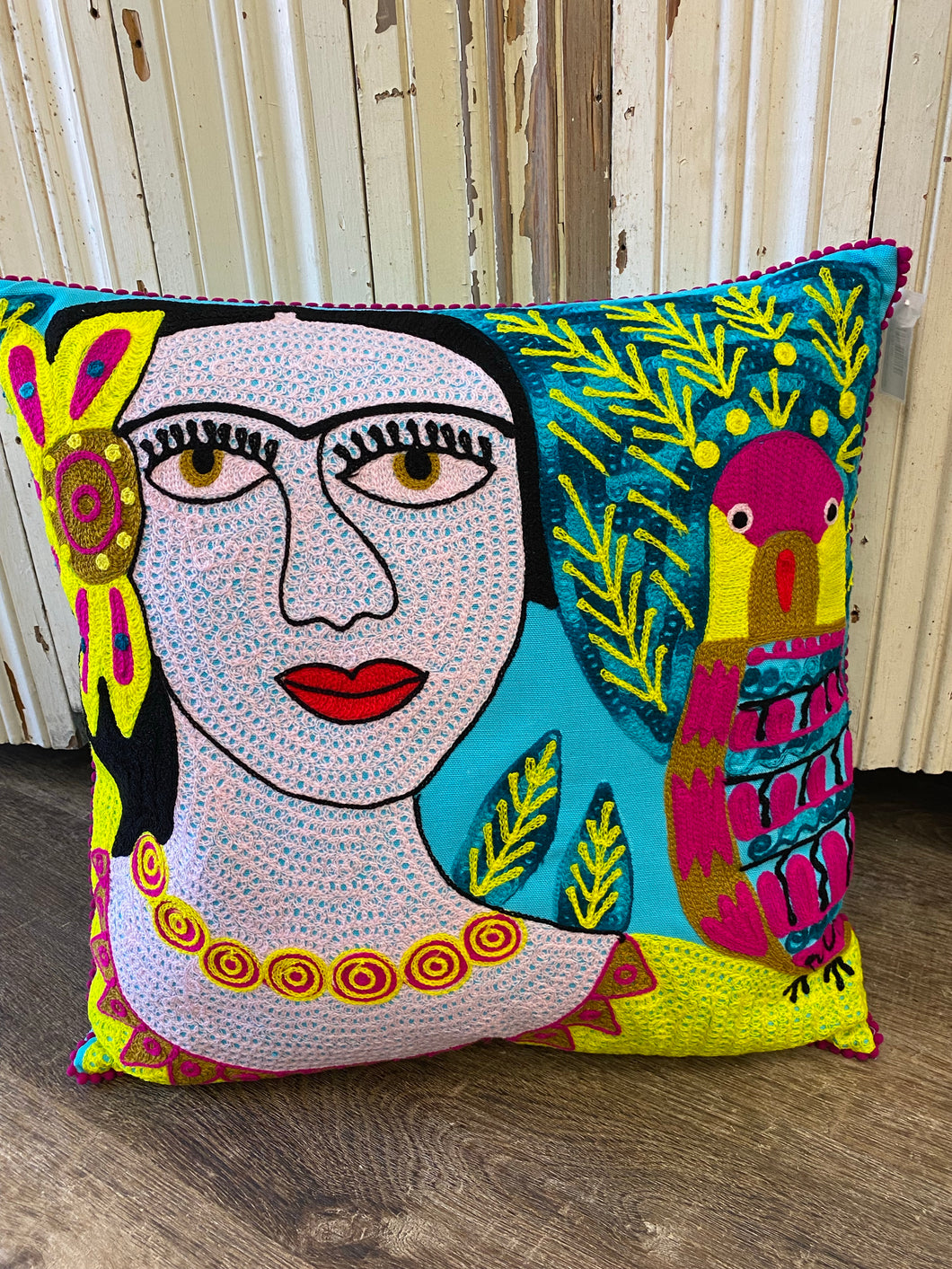 Lady Parrot Embroidered Pillow